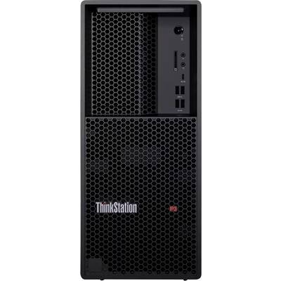 Vista frontale di una torre desktop Lenovo ThinkStation P3 con griglia a nido d'ape e porte/pulsanti frontali sulla destra.