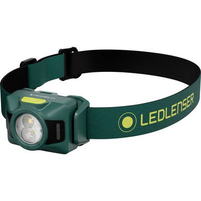 Lampada frontale LEDLENSER teal con cinturino regolabile nero e verde e doppi LED anteriori, mostrata su sfondo bianco.