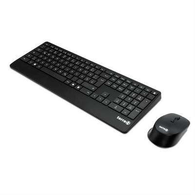Set di tastiera e mouse wireless neri su sfondo bianco.