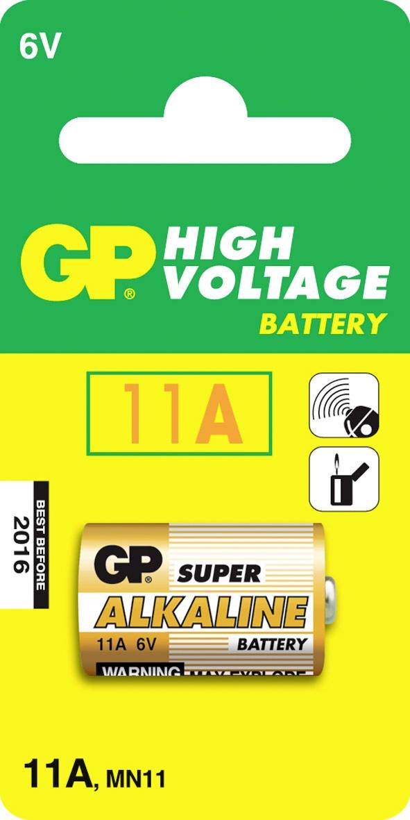 Pacco batterie GP 6V ad alta tensione per 11A, MN11; mostra una batteria Super Alcalina e etichetta di compatibilità "DA CONSUMARSI ENTRO 2016".