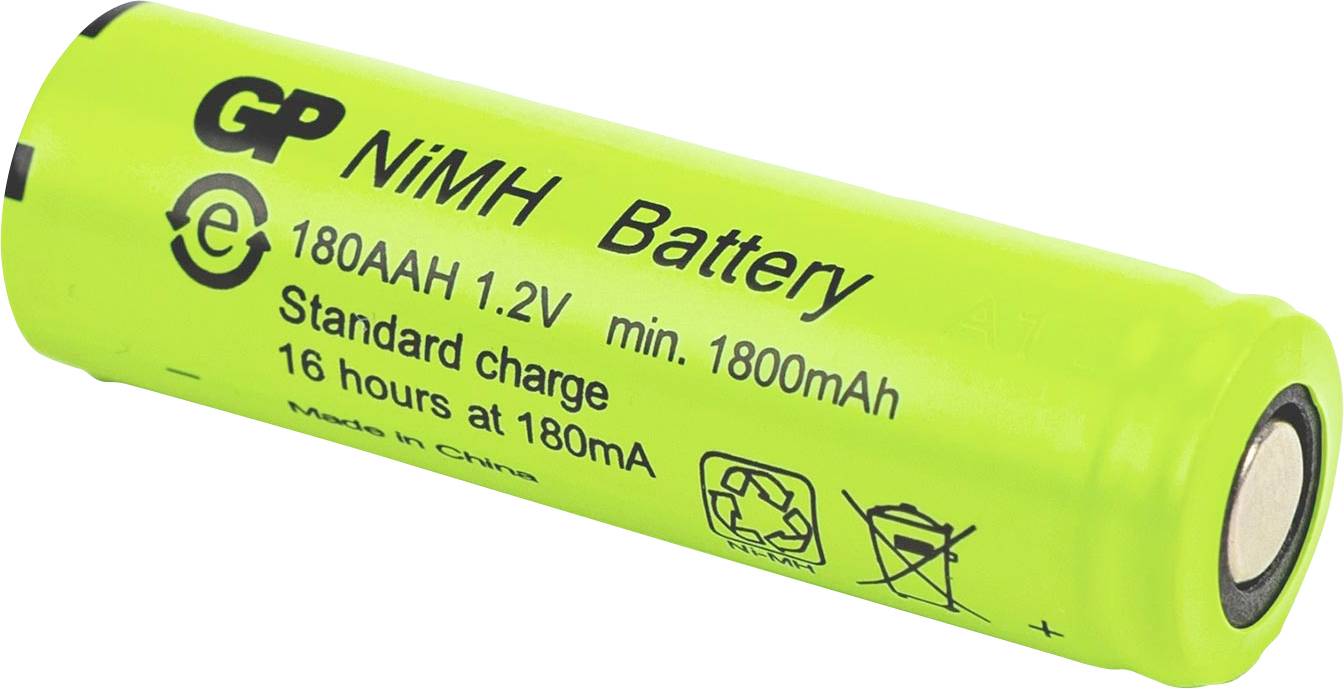 Batteria ricaricabile NiMH Green GP etichettata "180AAH 1.2V" e "Carica standard 16 ore a 180mA".