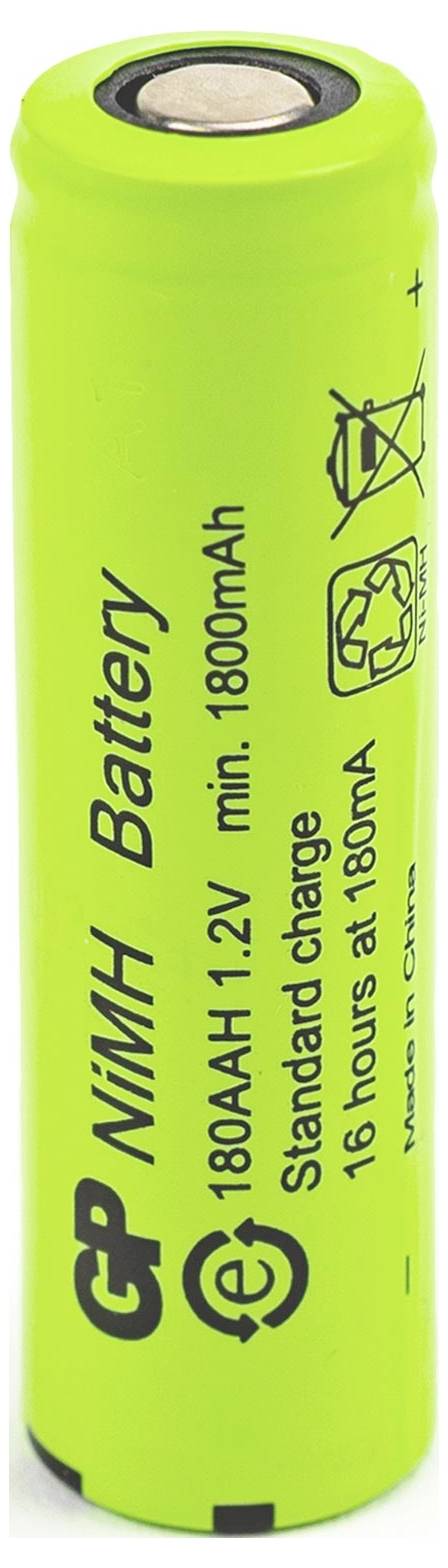 Batteria ricaricabile Green GP NiMH AA etichettata 1,2V, 1800mAh, ricarica standard 16 ore a 180mA.