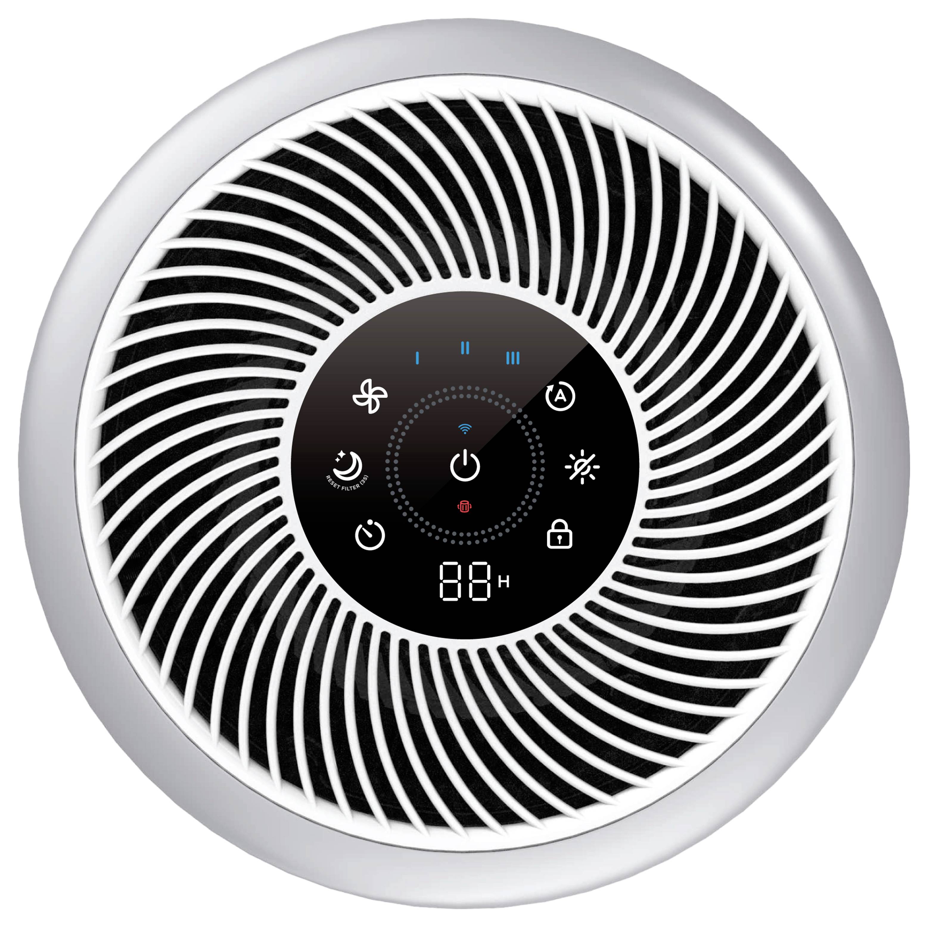 Vista dall'alto di un ventilatore rotondo nero e argento o purificatore d'aria con un pannello di controllo digitale centrale che mostra le icone di alimentazione, ventilatore, timer, sonno, automatico, luce e blocco.