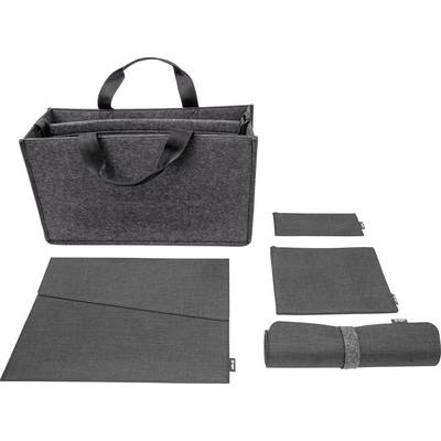 Borsa organizzatrice in feltro grigio con manici, mostrata con relativi astucci rimovibili, cartelle per documenti e un astuccio arrotolato su sfondo bianco.