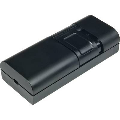 Pacco batteria elettronico nero rettangolare con pulsante di rilascio incassato, mostrato isolato su sfondo bianco.