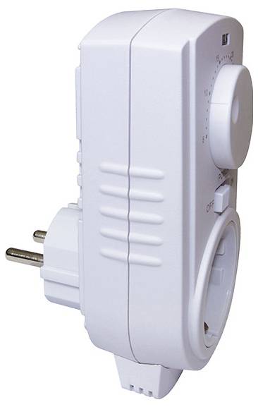 Timer elettrico bianco con spina da inserire, quadrante rotante e presa laterale, progettato per controllare l'accensione e lo spegnimento programmati degli apparecchi.