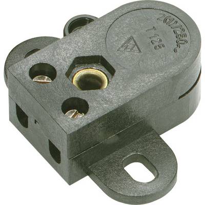 Sensore/connettore elettrico in plastica nera con due fori per viti e una linguetta di montaggio su sfondo bianco.