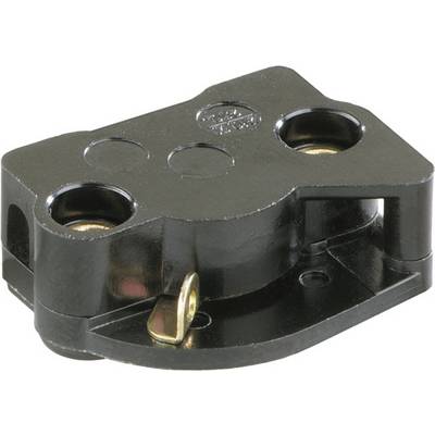 Connettore elettrico nero con due grandi porte rotonde e un terminale di contatto metallico visibile.
