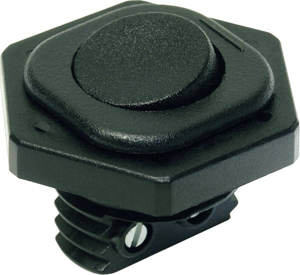 Interruttore a pulsante nero con texture, con clip di montaggio e morsetto a vite nella parte inferiore, mostrato su sfondo bianco.