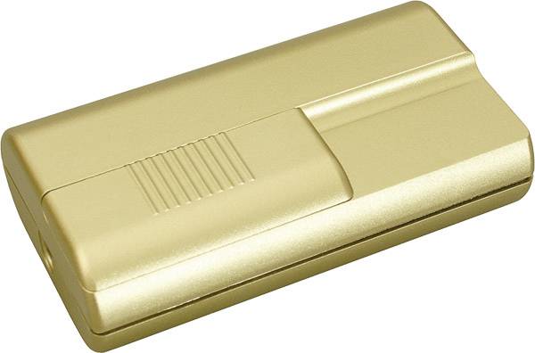 Custodia rettangolare compatta in oro con coperchio rigato, mostrata chiusa su sfondo bianco.