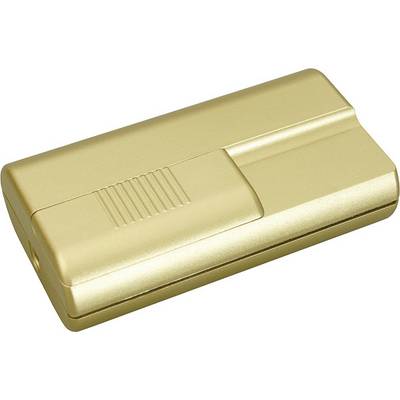 Custodia rettangolare compatta in oro con coperchio rigato, mostrata chiusa su sfondo bianco.