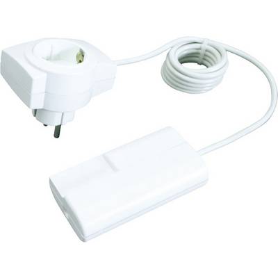 Cavo di prolunga elettrica bianco con spina, cavo arrotolato e scatola interruttore inline su sfondo neutro.