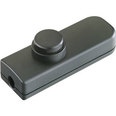 Interruttore a pulsante inline nero con bottone rotondo centrale su un alloggiamento rettangolare, mostrato su sfondo bianco.