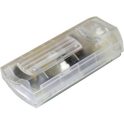 Modulo sensore elettronico in plastica trasparente con coperchio trasparente e componenti interni visibili su sfondo bianco