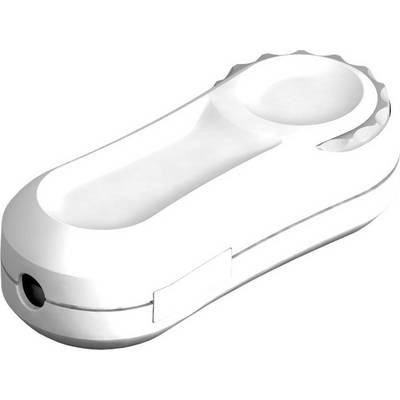 Dispenser di nastro adesivo in plastica bianca con portarotolo circolare e lama di taglio laterale, mostrato su uno sfondo neutro.