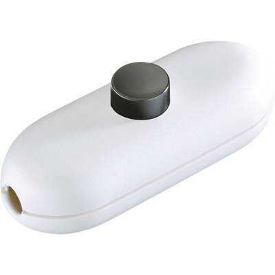 Dispositivo ovale bianco portatile con un pulsante nero che spinge in alto e un'apertura a un'estremità, mostrato su uno sfondo semplice