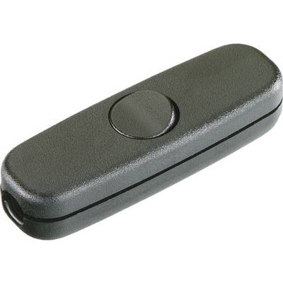 Interruttore a pulsante inline nero in custodia rettangolare in plastica con pulsante rotondo centrale.
