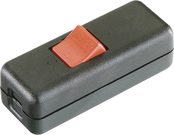 Scatola elettrica rettangolare nera con un interruttore a bilanciere rosso sulla parte superiore, mostrato su uno sfondo bianco.