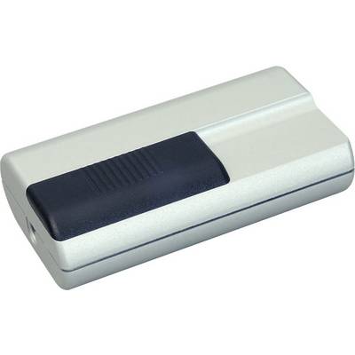 Dispositivo elettronico portatile di colore argento con impugnatura centrale nera, mostrato isolato su sfondo bianco.