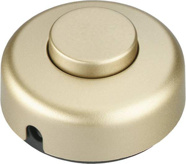 Interruttore dimmer rotativo color oro con manopola rotonda e tacca laterale, mostrato su sfondo bianco.