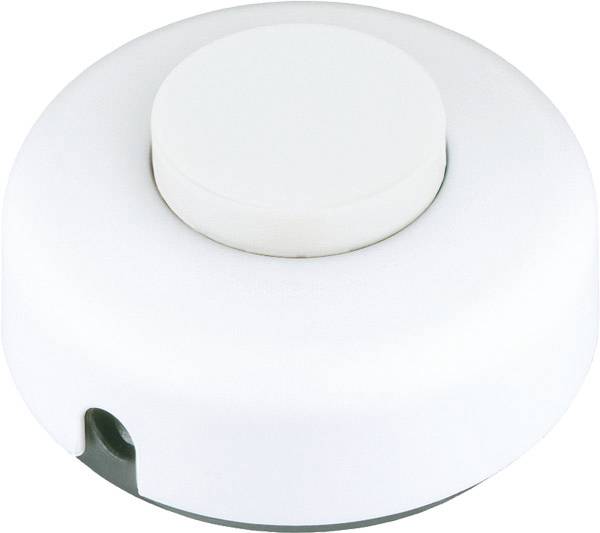 Pulsante rotondo bianco in plastica o interruttore a pressione con una piccola tacca laterale, mostrato isolato su uno sfondo neutro.