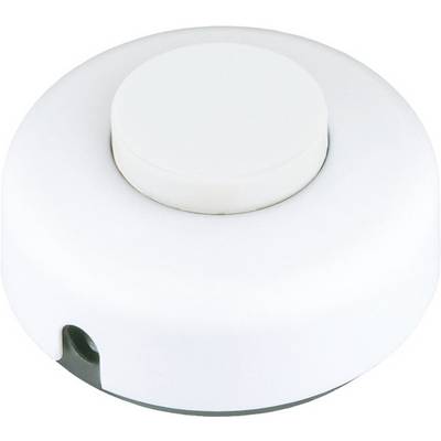 Pulsante rotondo bianco in plastica o interruttore a pressione con una piccola tacca laterale, mostrato isolato su uno sfondo neutro.