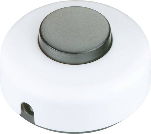 Pulsante campanello rotondo bianco con parte superiore grigia e piccona tacca di montaggio nella parte inferiore.