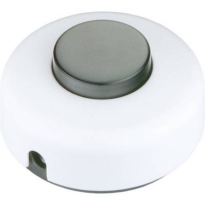 Pulsante campanello rotondo bianco con parte superiore grigia e piccona tacca di montaggio nella parte inferiore.