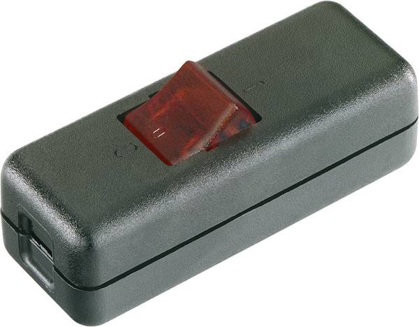 Scatola interruttore inline nera con interruttore a levetta bilanciere rosso su sfondo bianco.