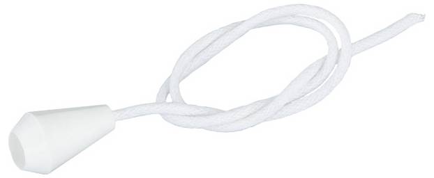 Cavo di trazione intrecciato bianco con maniglia in plastica, mostrato arrotolato su uno sfondo neutro.