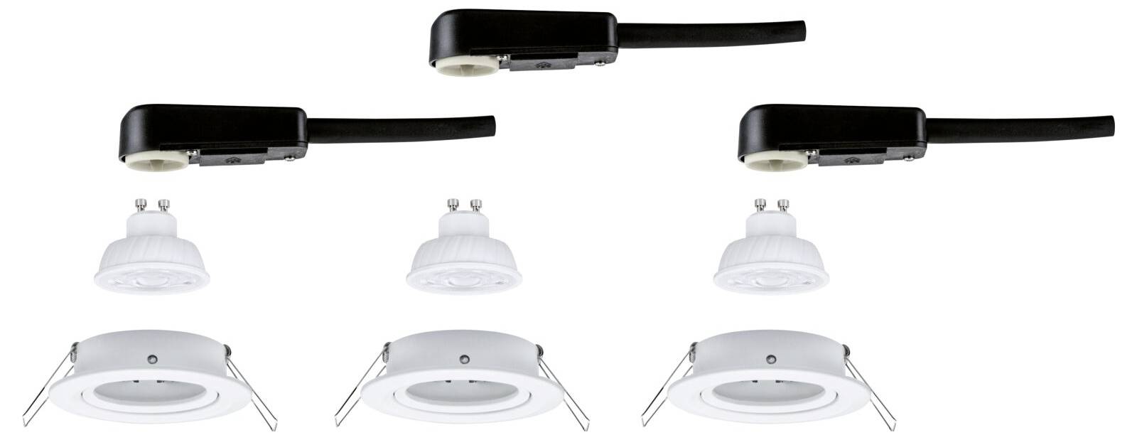 Tre faretti LED da incasso con teste nere regolabili e relativi apparecchi bianchi coordinati, mostrati come una linea di prodotti d'illuminazione su sfondo bianco.
