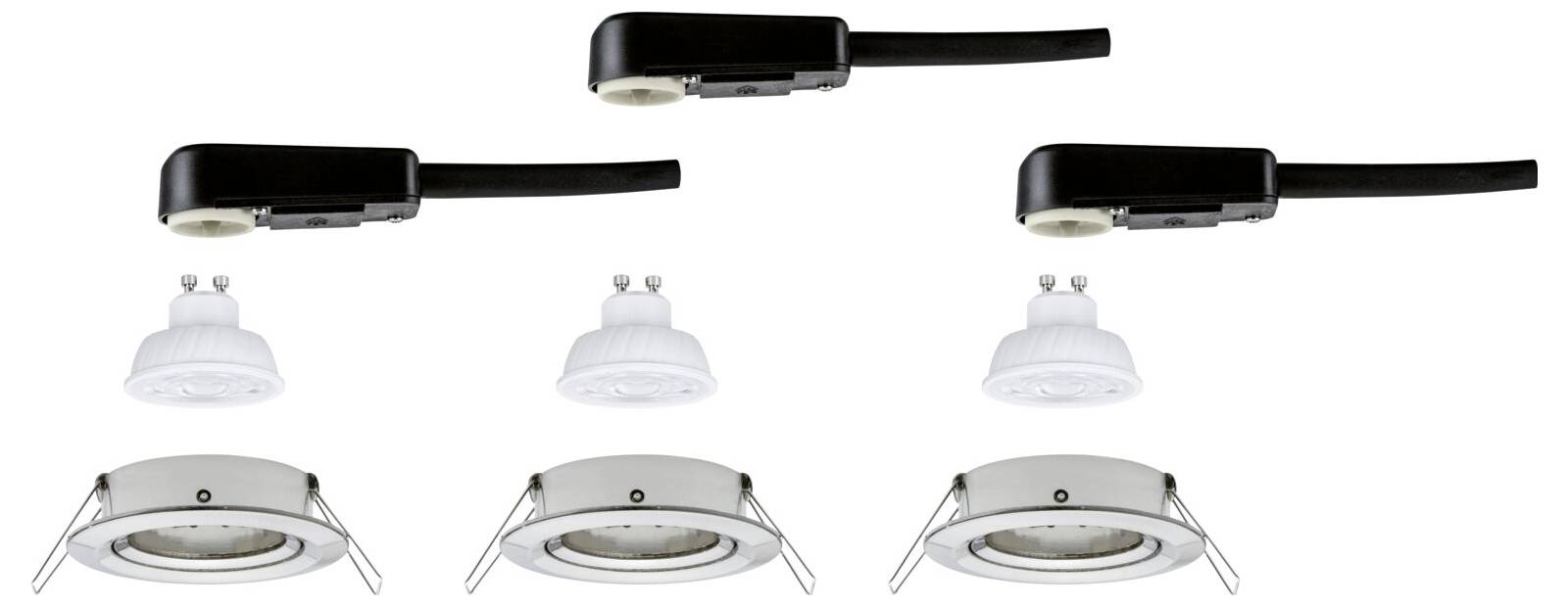 Tre lampade da soffitto nere con faretti incassati abbinati, mostrate come esposizione di prodotto su sfondo bianco.