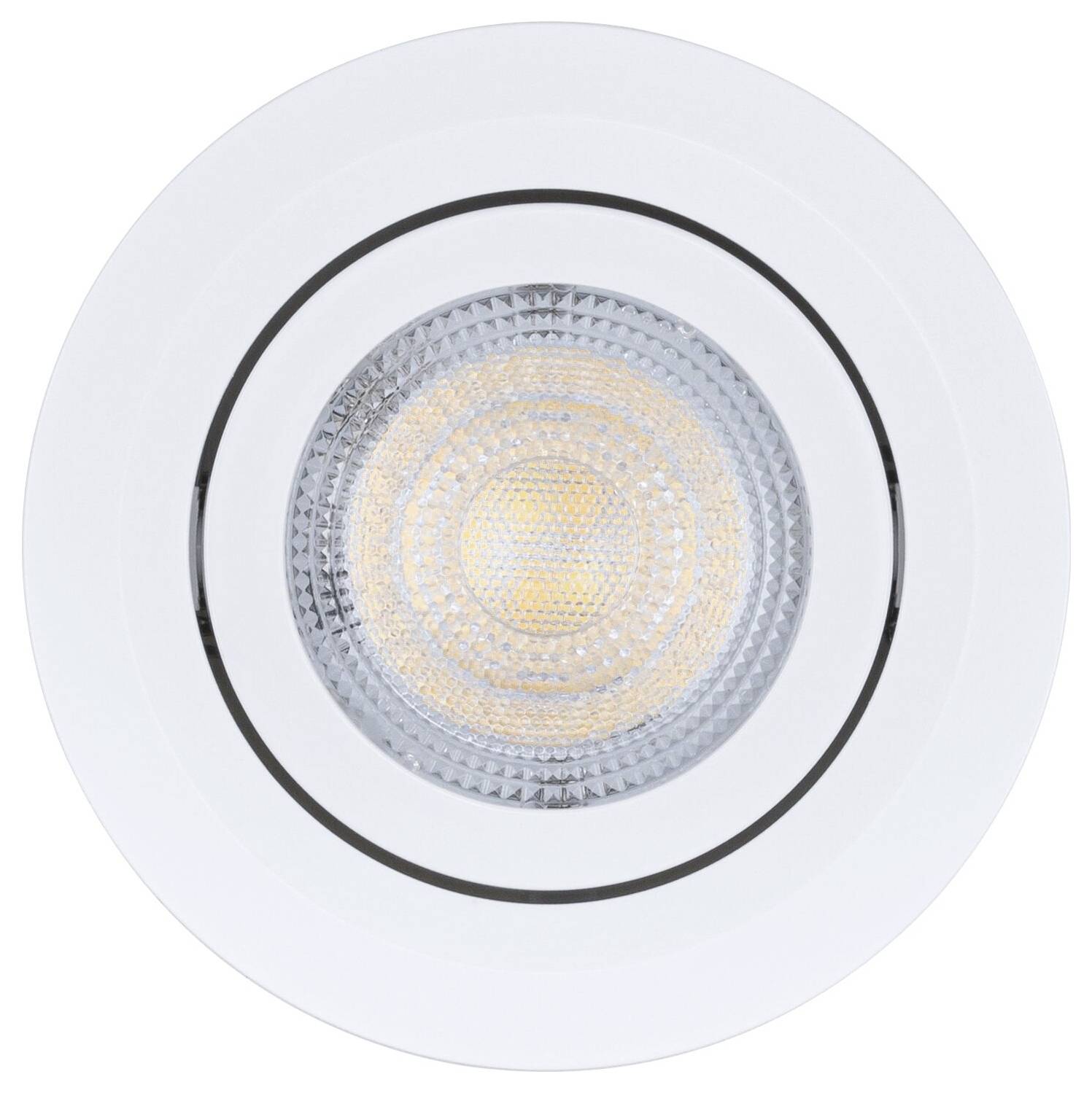 Plafoniera da incasso rotonda con una lampadina testurizzata centrale e bordo bianco satinato su uno sfondo neutro.