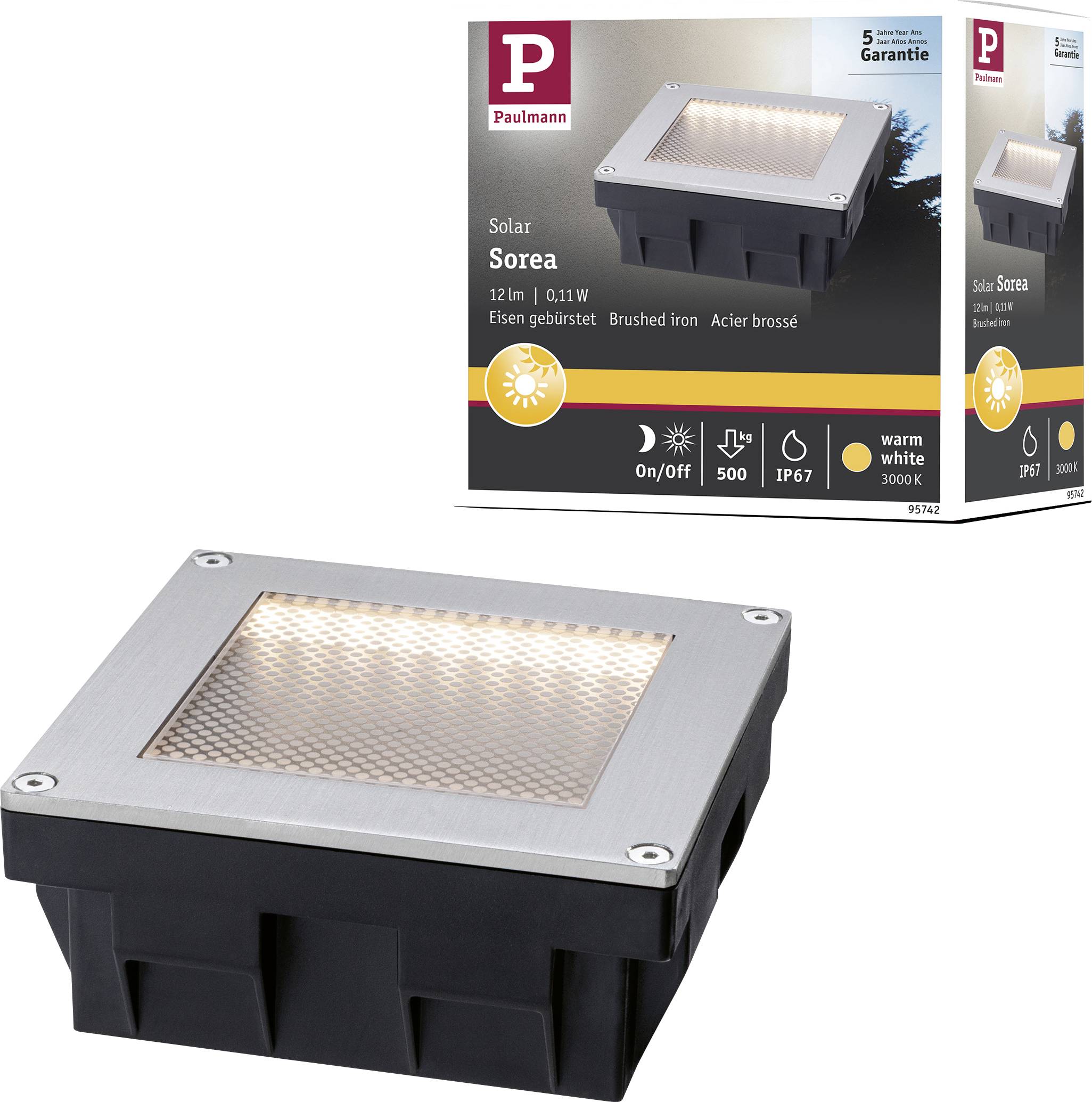 Foto del prodotto di una lampada da esterno Paulmann Solar Sorea, un faretto incassato quadrato in ferro spazzolato con pannello solare integrato, mostrato con il suo imballaggio.