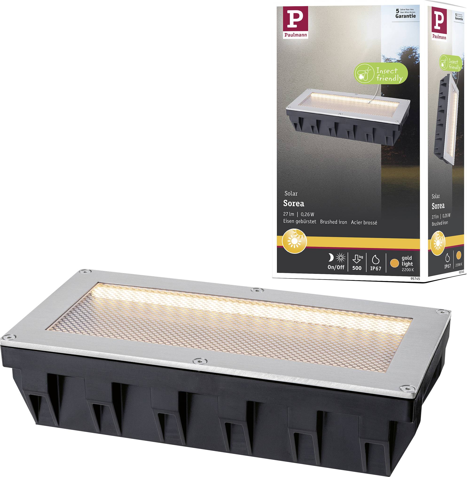 Foto del prodotto di una lampada da parete rettangolare alimentata a energia solare con parte superiore in metallo spazzolato, striscia LED illuminata e confezione con marchio mostrata dietro di essa.