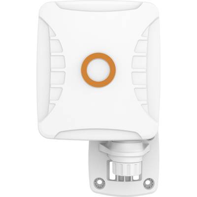 Dispositivo bianco montato a parete con un centro circolare arancione, mostrato in vista frontale, che assomiglia a un diffusore di profumo, deodorizzante o dispenser.