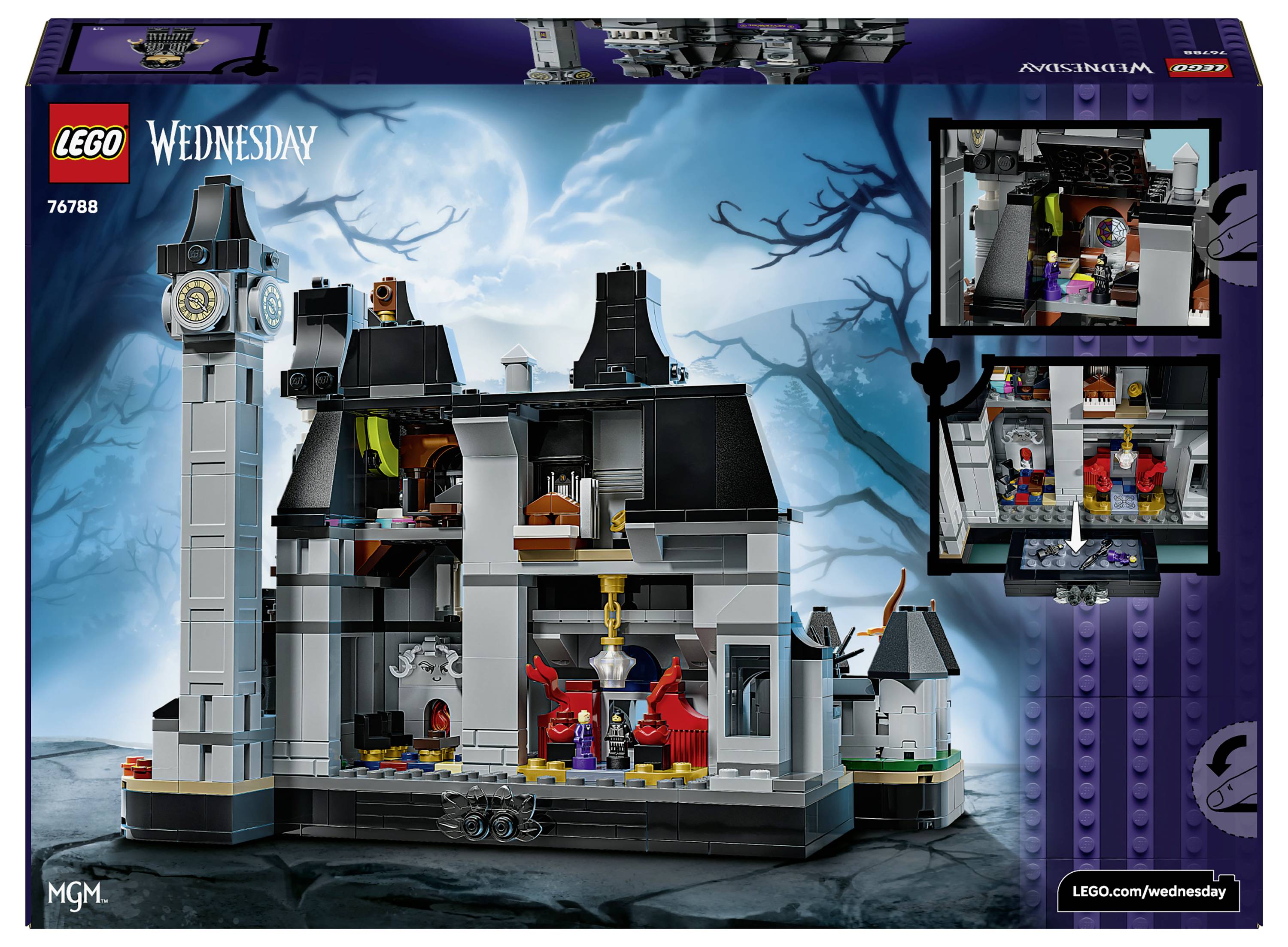 Confezione LEGO Wednesday che mostra un playset di casa stregata spettrale con una torre dell'orologio e scene interne, con viste inserite di stanze e minifigure.