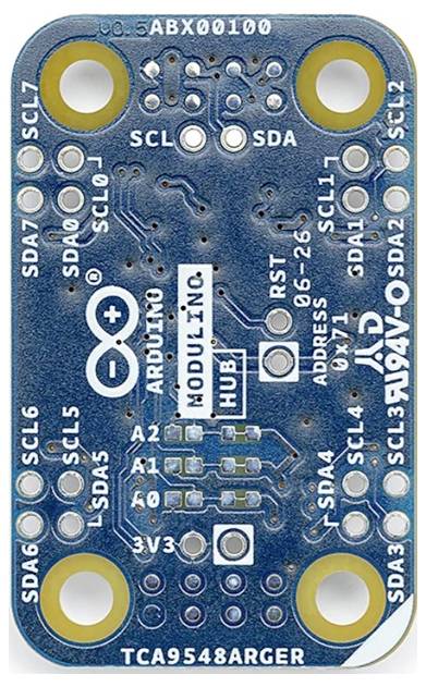 Scheda breakout del multiplexer I2C TCA9548A con porte SDA e SCL etichettate, piedini di indirizzo, reset e connessioni 3V3.