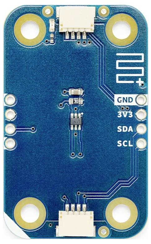 Scheda di breakout blu con connettori superiore e inferiore, fori di montaggio e pin etichettati: 'GND', '3V3', 'SDA', 'SCL'.