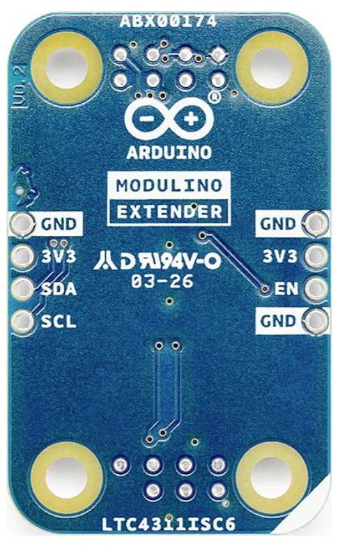 Scheda del circuito Arduino Modulino Extender etichettata ABX00174 con pin GND, 3V3, SDA, SCL e EN; LTC4311ISC6.