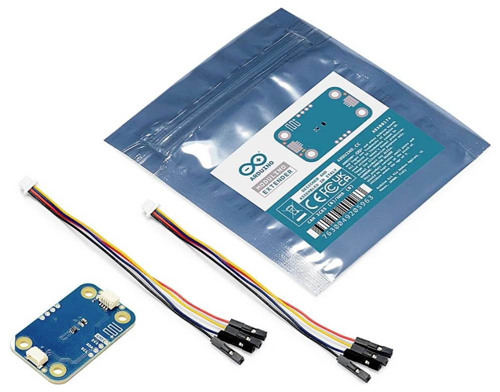 Kit modulo sensore Arduino con scheda PCB blu, due connettori a filo e imballaggio antistatico etichettato.