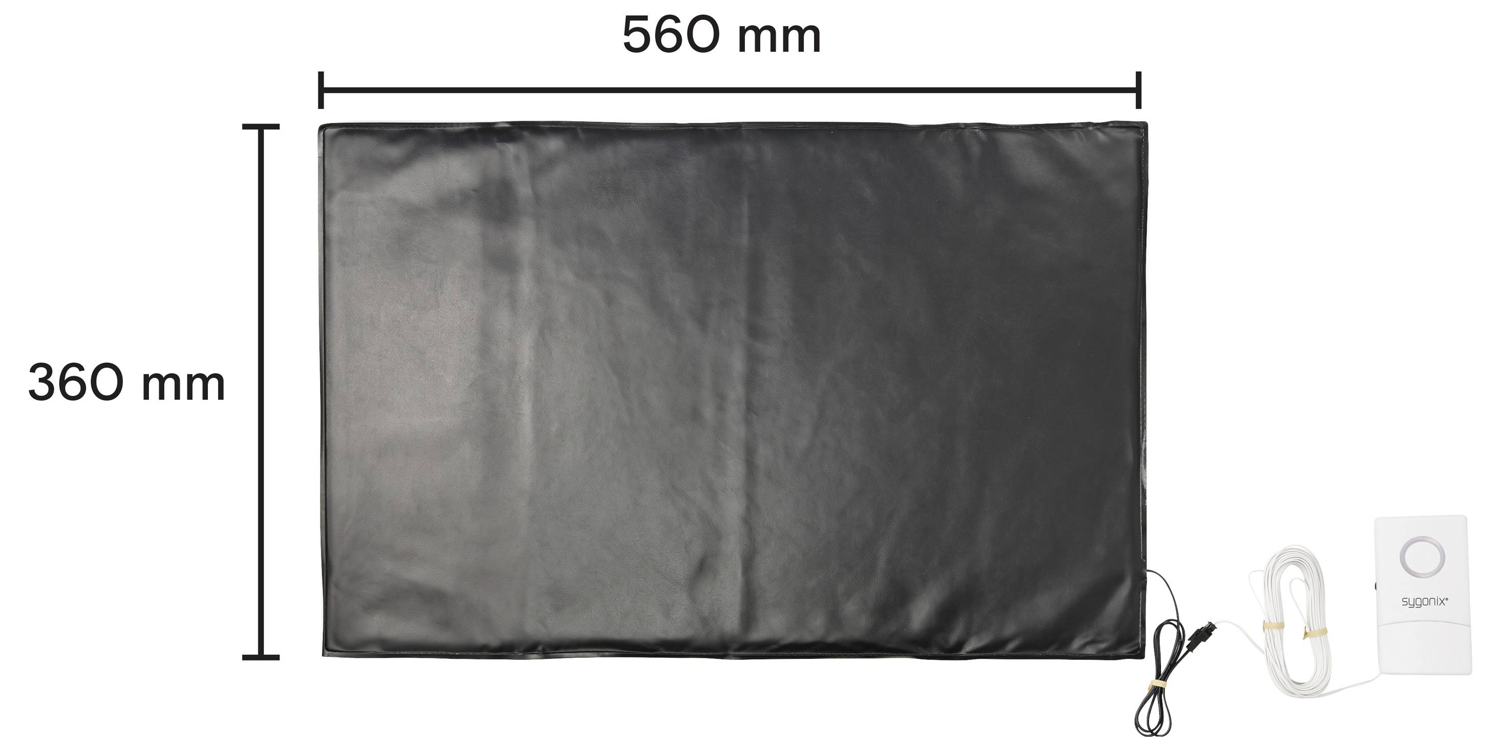 Cuscinetto riscaldante o tappeto rettangolare nero, mostrato con dimensioni etichettate 560 mm di larghezza per 360 mm di altezza e un cavo di alimentazione/controller collegato sulla destra.