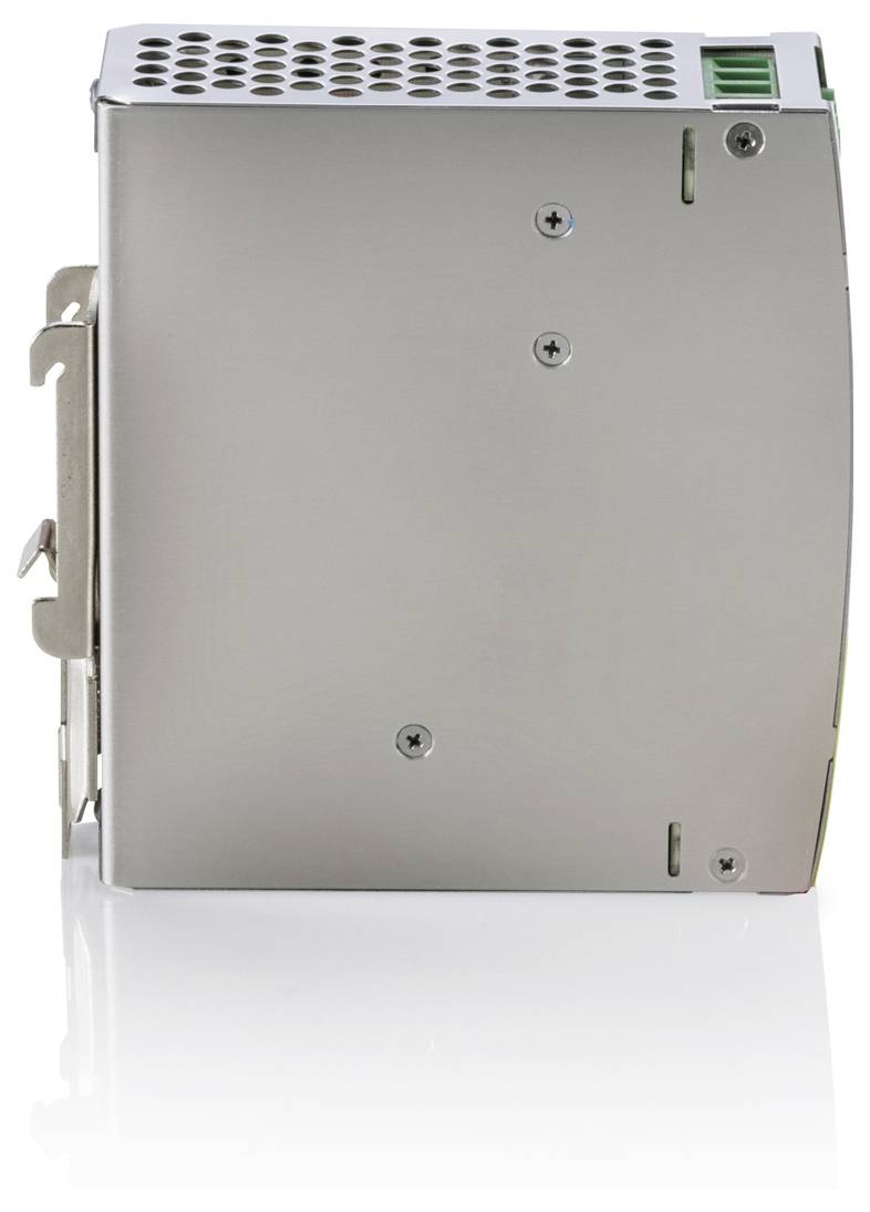 Unità di alimentazione elettronica in metallo con fori di ventilazione e staffa di montaggio, mostrata isolata su sfondo bianco.