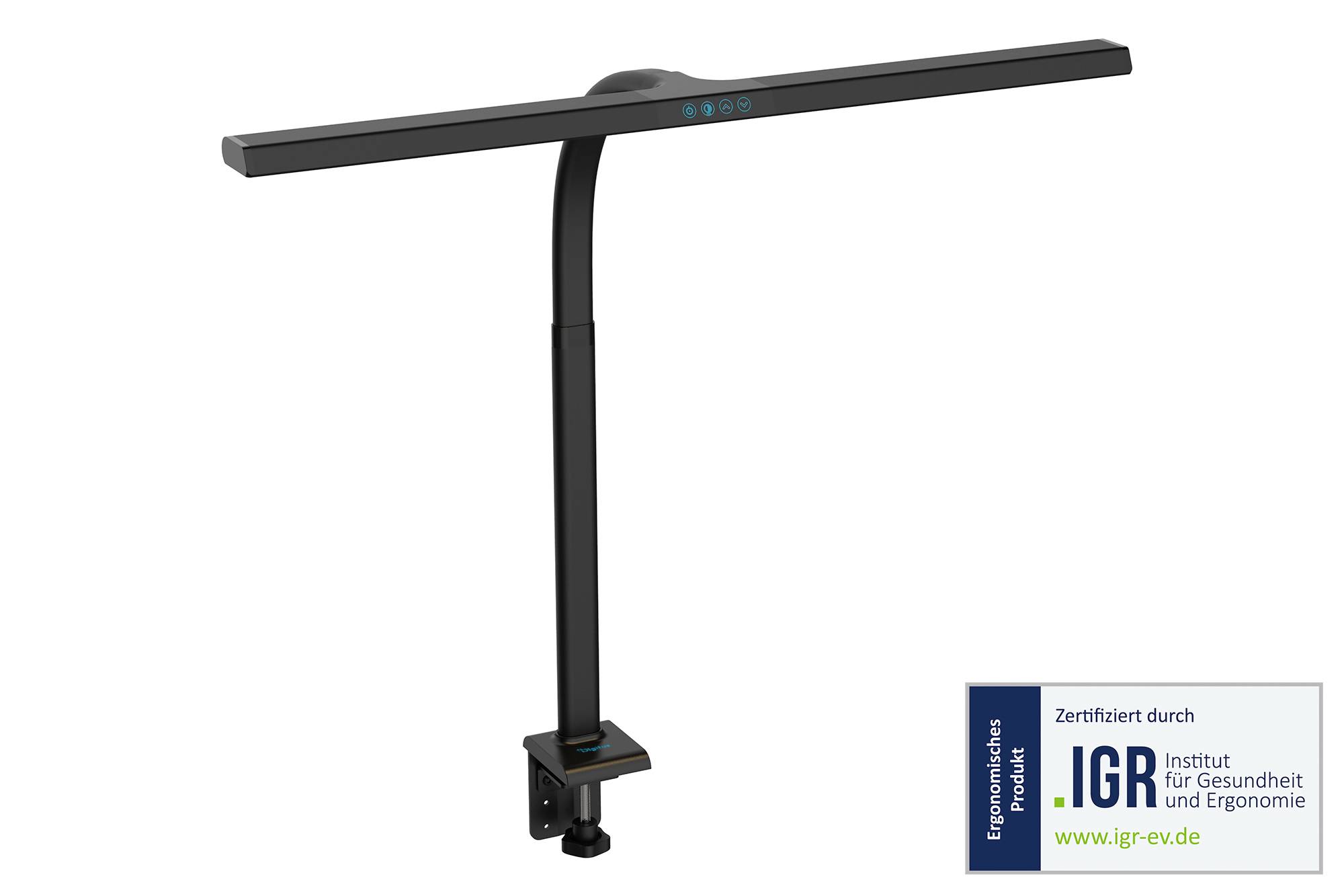 Barra luminosa monitor nera regolabile con supporto a morsetto e controlli touch, mostrata con etichetta di certificazione ergonomica IGR.