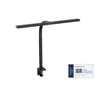 Barra luminosa monitor nera regolabile con supporto a morsetto e controlli touch, mostrata con etichetta di certificazione ergonomica IGR.