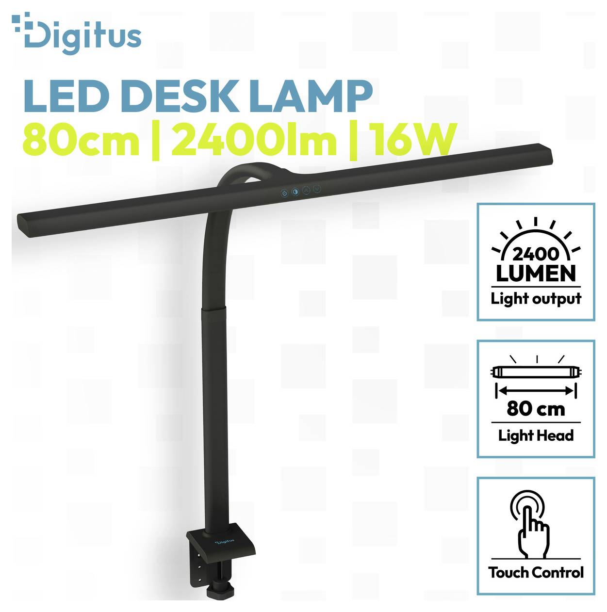 Lampada da tavolo LED Digitus con testata luminosa da 80 cm, potenza luminosa di 2400 lumen, consumo di 16W e controllo tattile mostrata sulla confezione del prodotto.