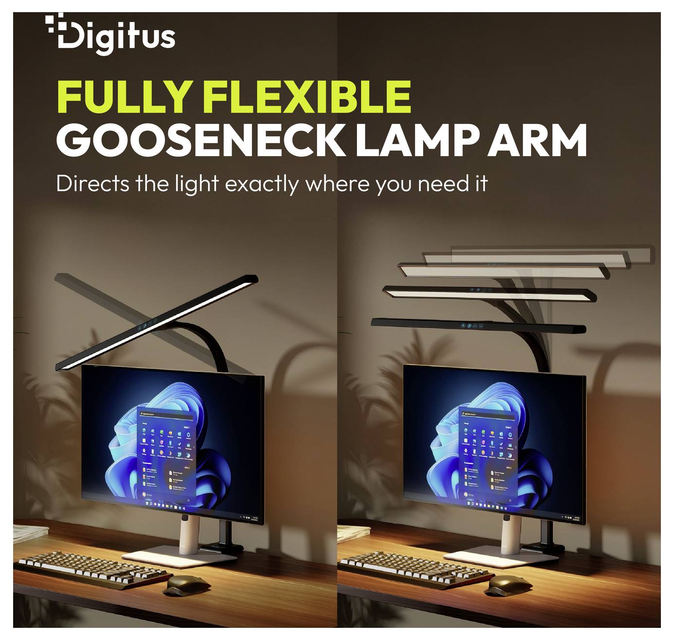Annuncio pubblicitario per il braccio a collo di oca completamente flessibile di Digitus, che mostra una lampada montata su monitor che dirige la luce su una scrivania in due posizioni.