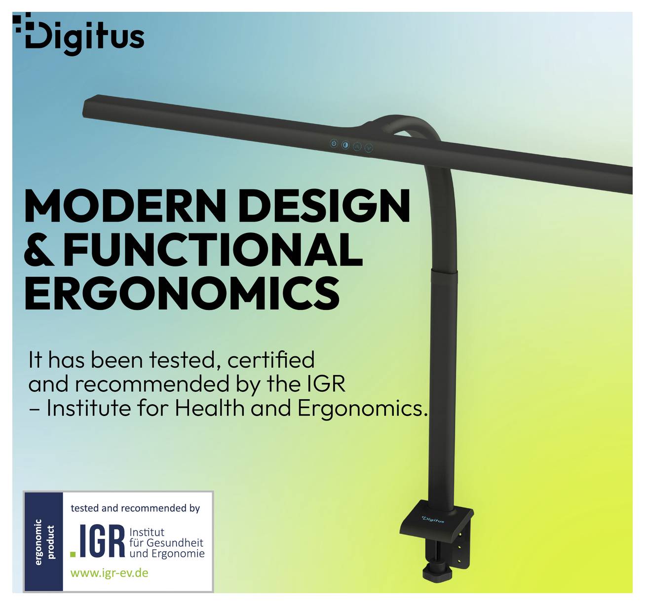 Barra luminosa per monitor Digitus su supporto, con testo "Design moderno ed ergonomia funzionale" e badge di certificazione/raccomandazione IGR.