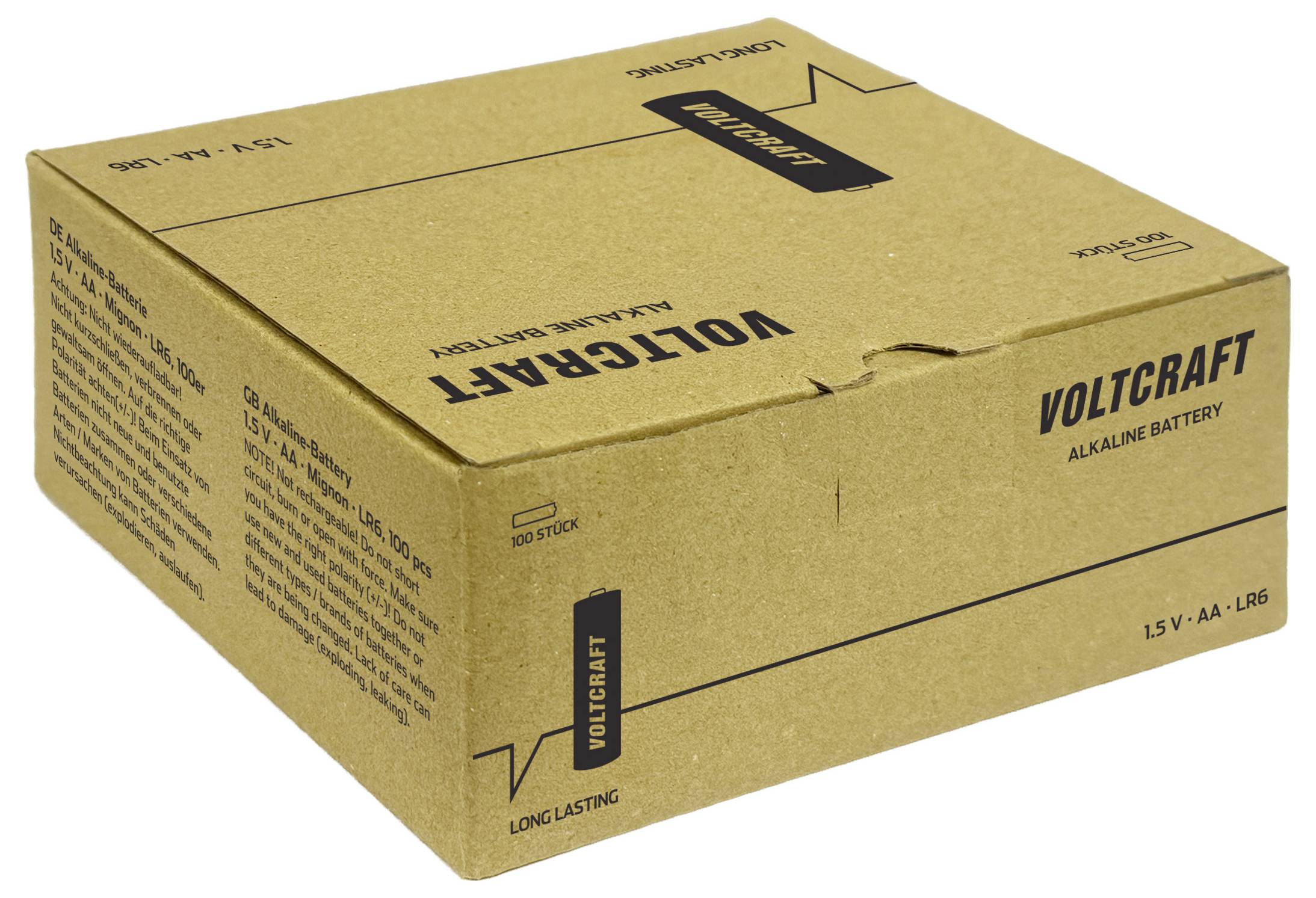 Scatola di spedizione in cartone etichettata 'VOLTCRAFT' e 'BATTERIA ALCALINA', contrassegnata 15 V AA LR6, mostrata chiusa su sfondo bianco.