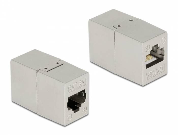 Due connettori per cavi rettangolari in argento mostrati su uno sfondo bianco, ciascuno con una porta in stile RJ45 su un'estremità.